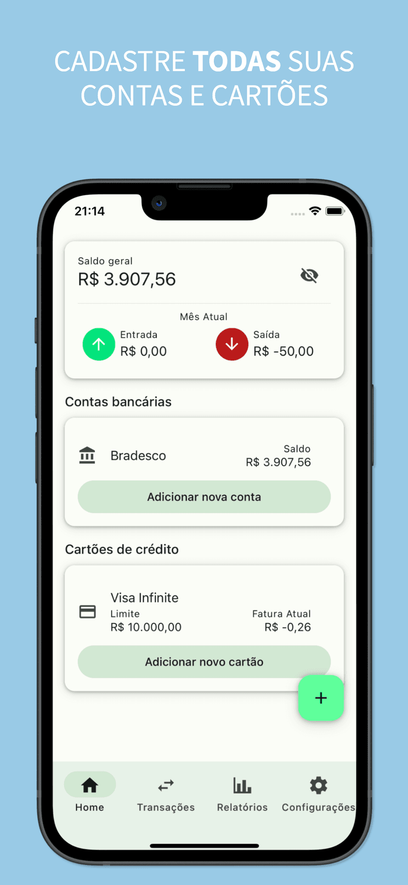 Captura de tela inicial com as contas e cartões